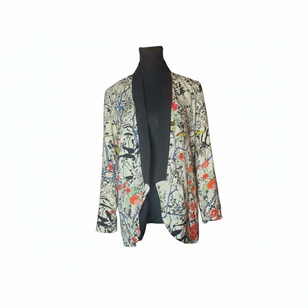 CMNC Woman Floral Print Collarless Open Front Kimono Blazer
